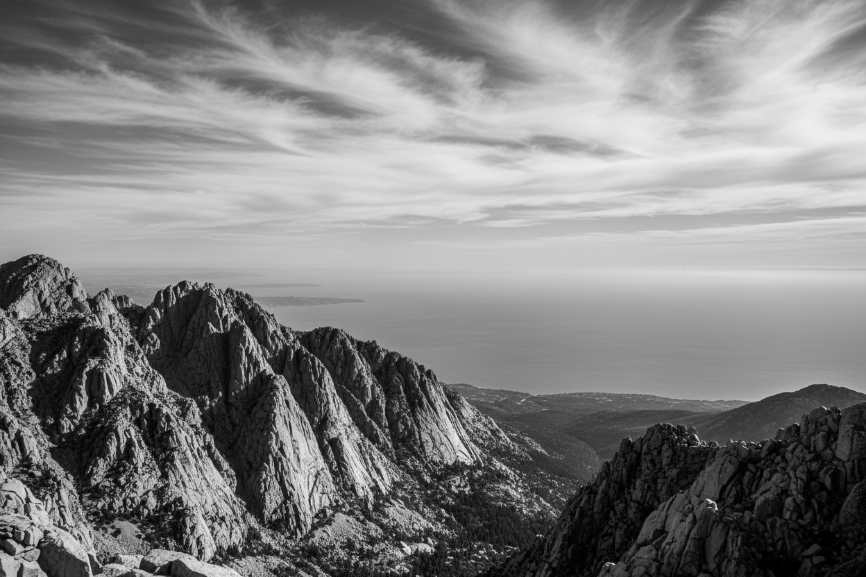 Black and white: Mountain View looking over ocean in the distance 