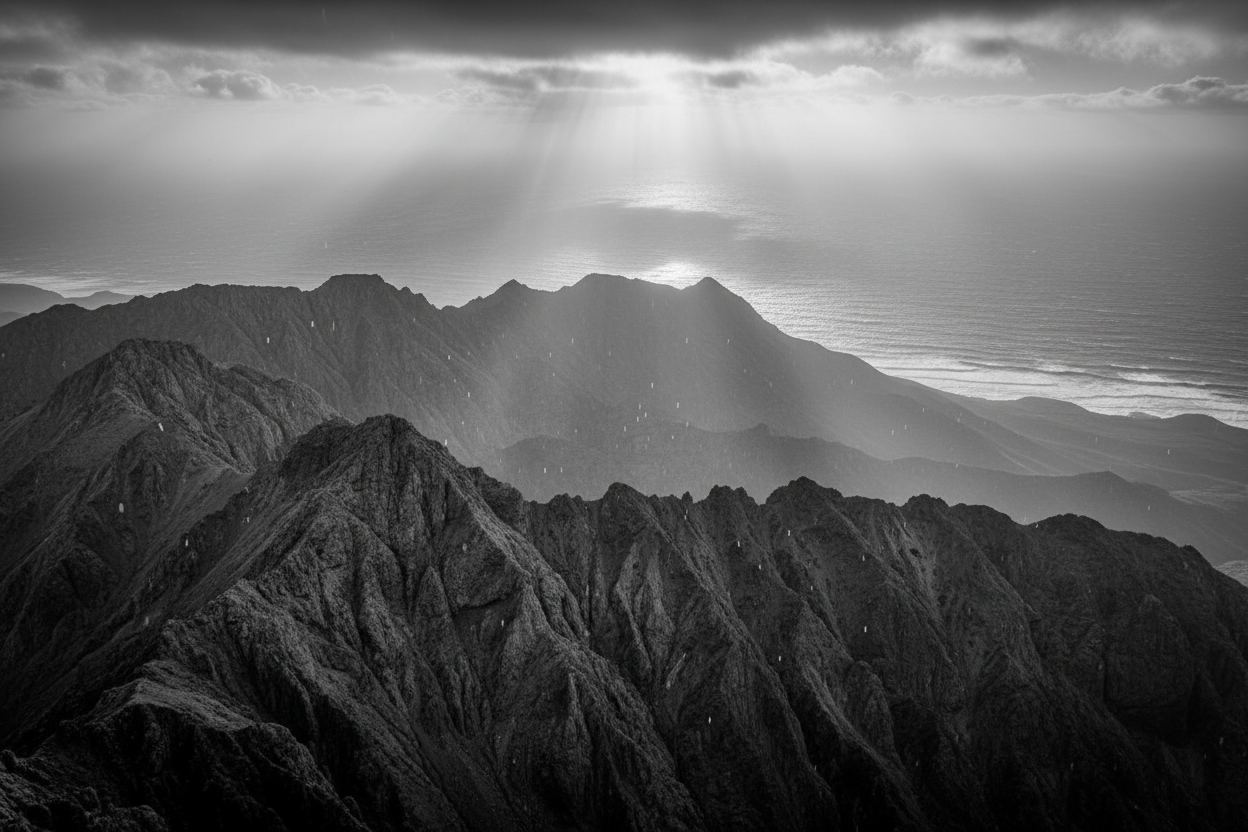 Black and white National Geographic style photo of Large Mountain View looking over the ocean in the distance with sun and light drops of rain